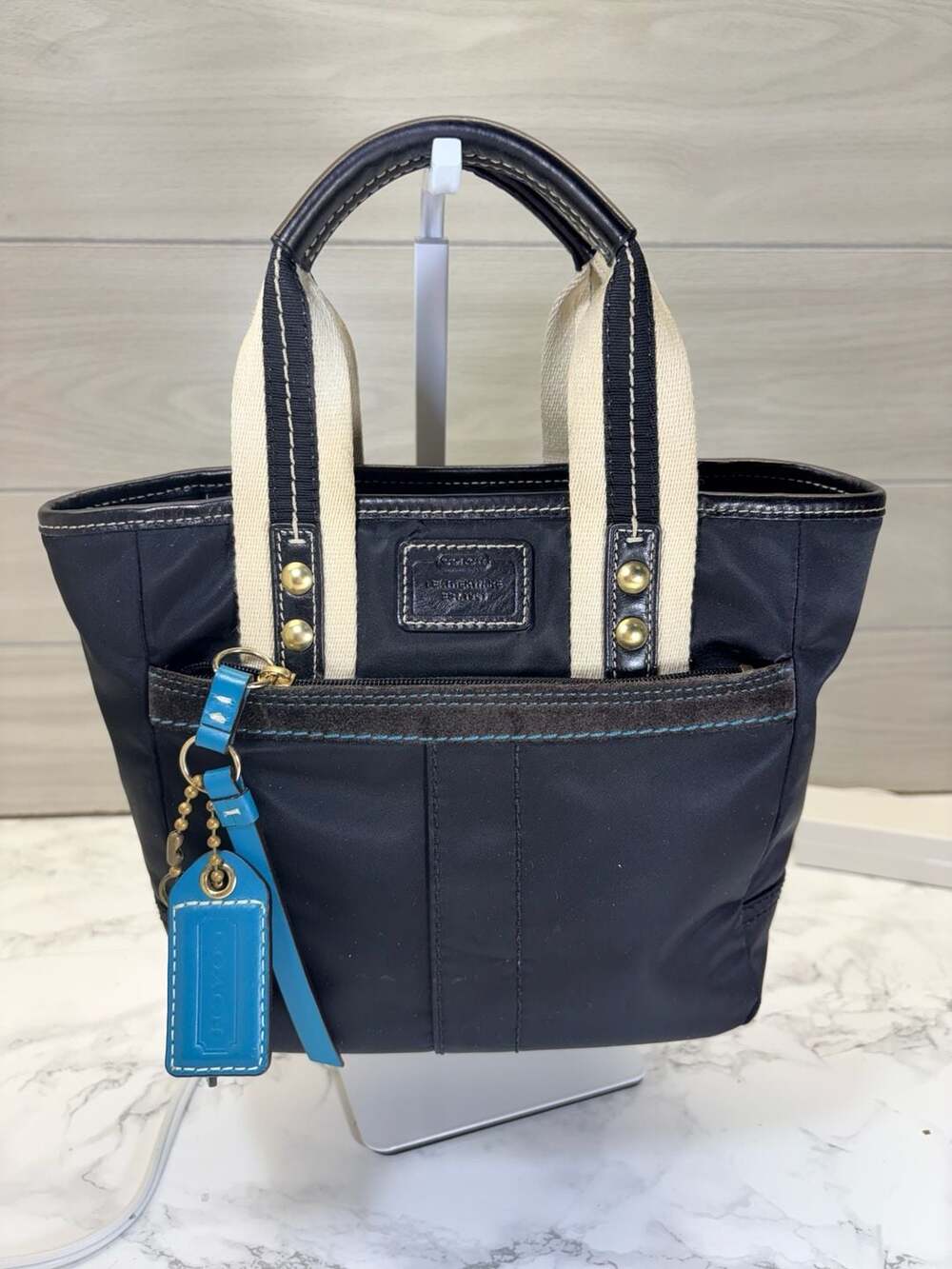 Coach Hamptons Black Nylon and Leather Tote Bag with Blue Tags